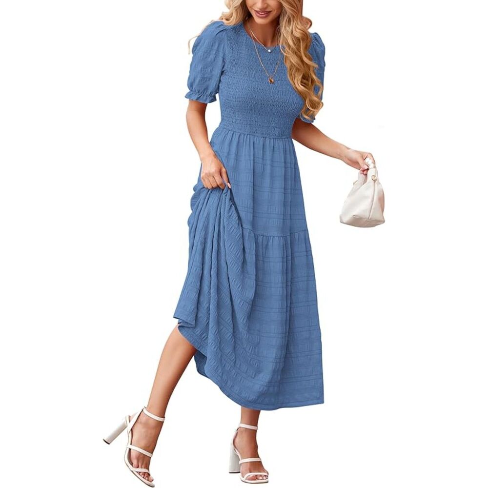 Women's Grey Blue Polyester Crew Neck Short Sleeve A Line Casual Midi Dress